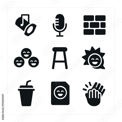 Comedy Club Icons. Solid, filled icons set of comedy club: spotlight, microphone, brick wall, laughing