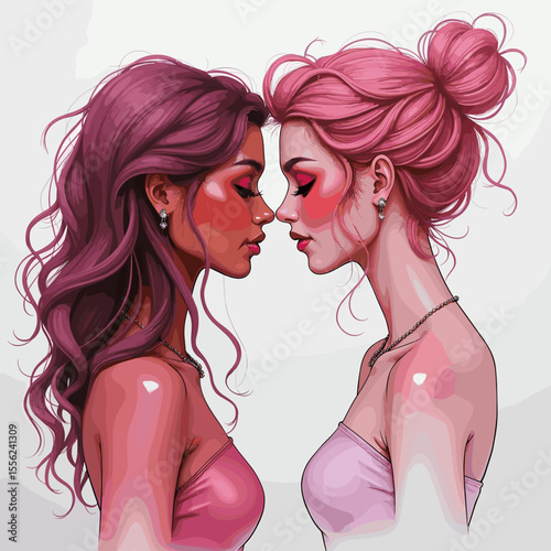 Two women with colorful makeup gazing at each other in profile  