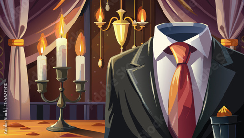 A perfectly tied black silk tie rests against a crisp white tuxedo shirt, highlighted by soft candlelight. In the background: a champagne flute, chandelier, and velvet curtains. The composition whispe