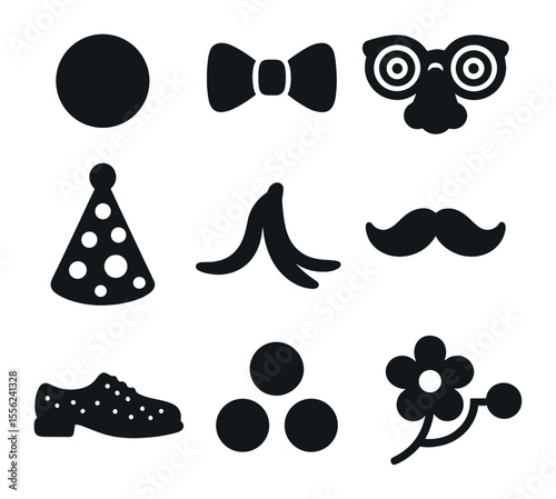 Humorous Accessories Icons. Solid, filled icons set of humorous accessories: clown nose, bowtie, silly glasses