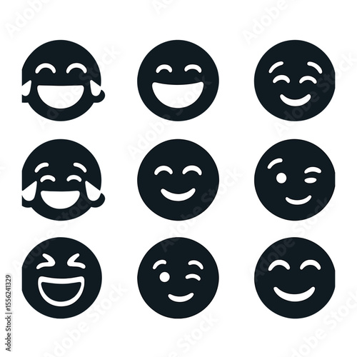 Laughter Emoji Icons. Solid, filled icons set of laughter emojis: ROFL face, big grin, cheeky wink, eyes