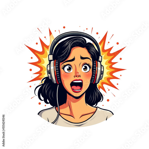 Amazed Woman Listening to Music with Headphones - Pop Art Style Illustration