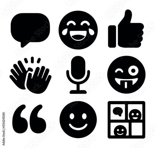 Playful Communication Icons. Solid, filled icons set of light-hearted conversation: chat bubble, laughing