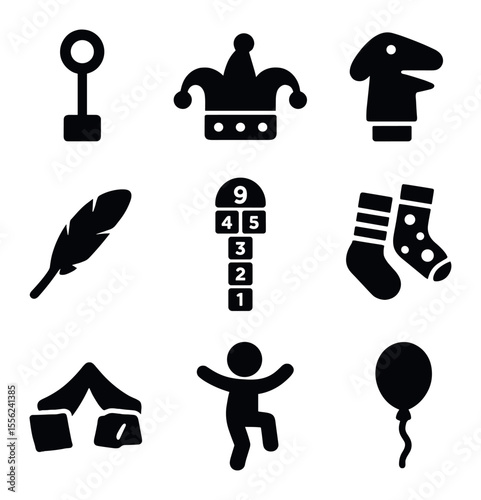 Kids' Playful Icons. Solid, filled icons set of kids' giggles: bubble wand, funny hat, puppet hand, tickle