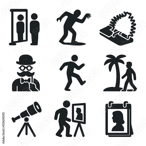 Visual Gag Icons. Solid, filled icons set of visual gags: fake mirror, exaggerated shadow, spring trap, funny