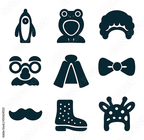 Silly Costumes Icons. Solid, filled icons set of silly costumes: banana suit, frog hoodie, rainbow wig, funny