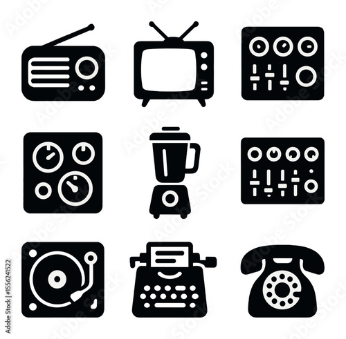 Mid-Century Tech Icons. Solid, filled icons set of mid-century modern tech: curved radio, static TV, retro