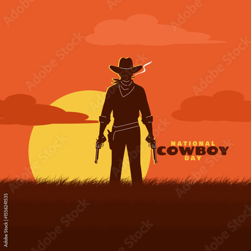 National Cowboy Day to celebrate on the fourth Saturday in July. Illustration of a cowboy smoking a cigarette while holding a gun in both hands at sunset.