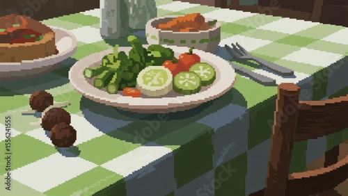 A pixelated table setting with a checkered tablecloth, featuring plates of vegetables and other dishes.