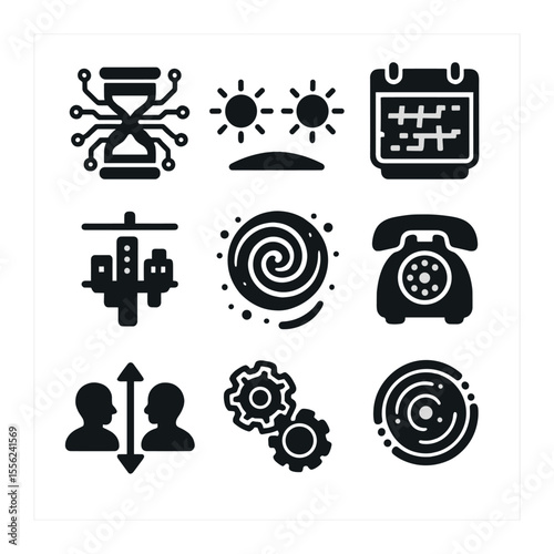 Alternative Timeline Icons. Solid, filled icons set of alternative timelines: hourglass circuit, dual suns,