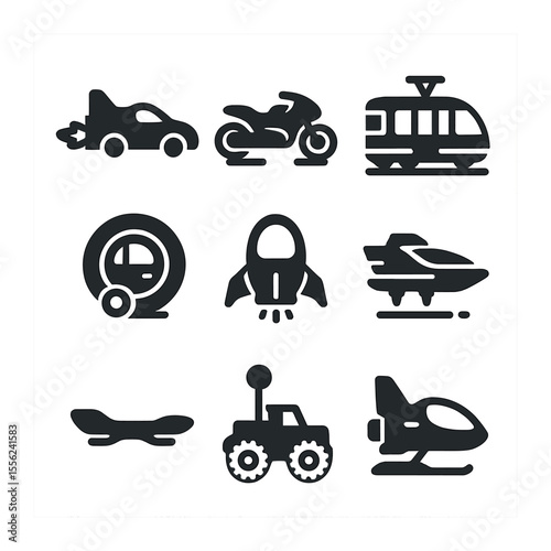 Sci-Fi Vehicle Icons. Solid, filled icons set of sci-fi vehicles: rocket car, chrome hover bike, light tram,