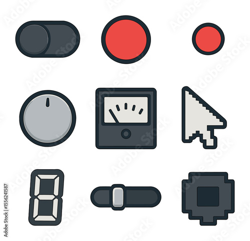 Retro UI Icon Set. Solid, filled icons set of retro UI elements: toggle switch, red button, blinking dot,