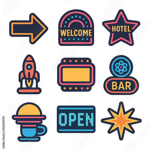 Retrofuturistic Icon Collection. Solid, filled icons set of retrofuturistic signage: glowing arrow, neon