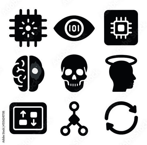 Imagined AI Icons. Solid, filled icons set of imagined AI: blinking core, binary eye, AI card, glowing brain,