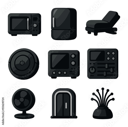 Home Tech Icons. Solid, filled icons set of imagined home tech: chrome microwave, space fridge, auto bed,