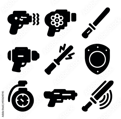 Futuristic Weaponry Icons. Solid, filled icons set of futuristic weaponry: ray beam, atomic blaster, chrome