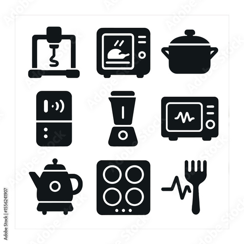 Futuristic Kitchen Icons. Solid, filled icons set of future kitchen: auto stirrer, laser oven, chrome pot,