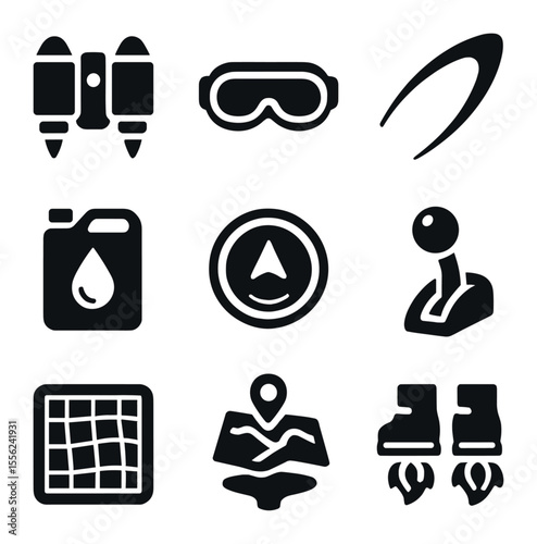 Jetpack Journey Icons. Solid, filled icons set of jetpack journeys: rocket belt, flight goggles, neon trail,