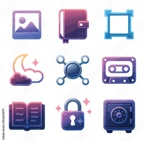 Glowing Memory Icons. Solid, filled icons set of glowing memories: analog photo, retro diary, pixel frame,