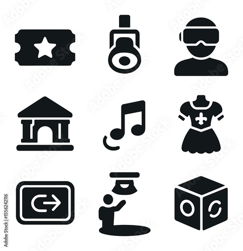 Immersive Event Icons. Solid, filled icons set of themed immersive events: ticket light, set prop, guided
