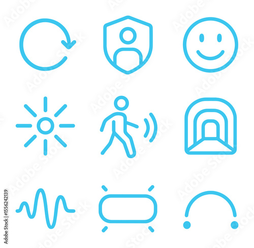 Neon Icon Grid. Solid, filled icons set of neon interactive branding: logo loop, avatar badge, feedback face,