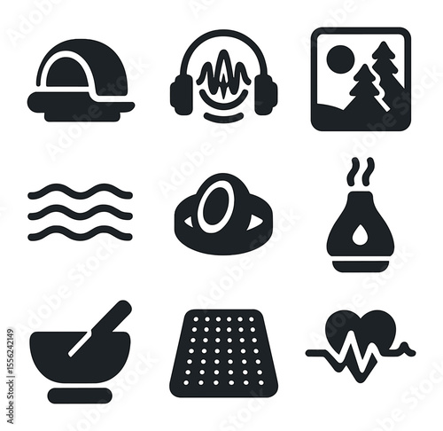 Immersive Wellness Icons. Solid, filled icons set of immersive wellness: light therapy pod, binaural icon,