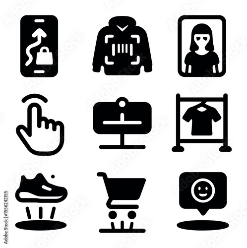AR Retail Icons. Solid, filled icons set of AR retail journeys: path overlay, item scan, mirror try-on,
