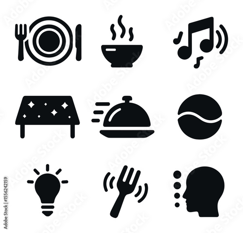 Multi-Sensory Dining Icons. Solid, filled icons set of multi-sensory dining: neon plate, aroma mist, sound