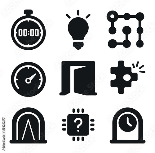 Escape Room Icons. Solid, filled icons set of immersive escape rooms: countdown timer, clue spark, lock