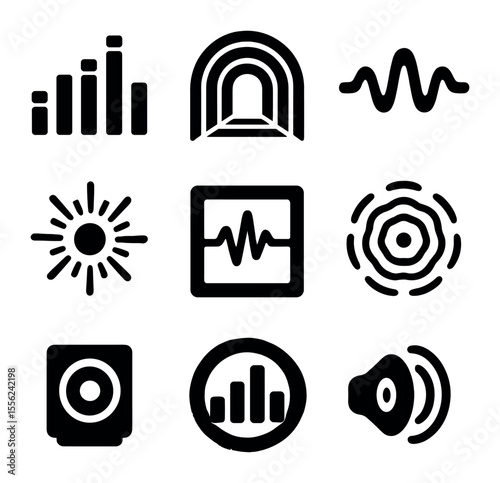 Audio Visual Icon Grid. Solid, filled icons set of audio-reactive visuals: sound bars, visual echo, waveform