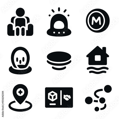 Metaverse Environment Icons. Solid, filled icons set of metaverse environments: avatar chair, glow pod,