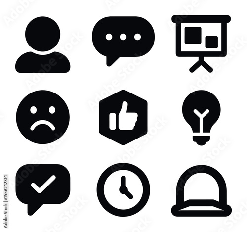 Digital Team Icons. Solid, filled icons set of virtual team spaces: avatar circle, chat beam, shared board,