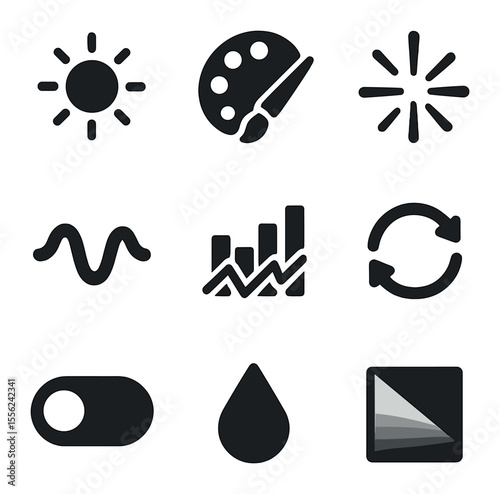 Artistic Icon Grid. Solid, filled icons set of artistic immersive apps: glow icon set, light palette, creative