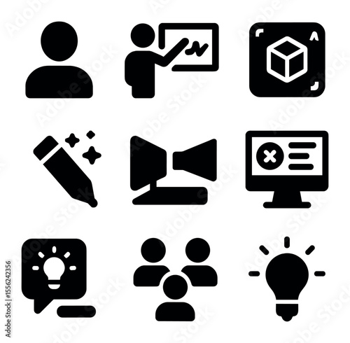 Immersive Classroom Icons. Solid, filled icons set of immersive classrooms: student icon, reactive board, AR