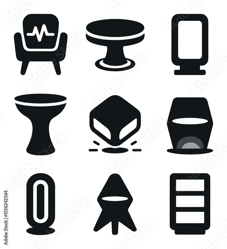Modern Furniture Icons. Solid, filled icons set of responsive light furniture: chair pulse, table ring, edge