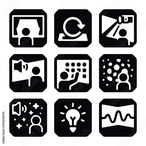 Projection Icons Grid. Solid, filled icons set of themed projection rooms: scene box, loop video, beam mapping
