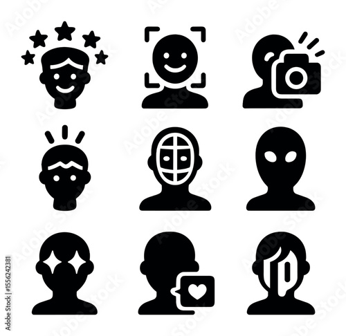 AR Effect Icons Grid. Solid, filled icons set of live AR effects: star halo, smile tracker, camera burst, echo