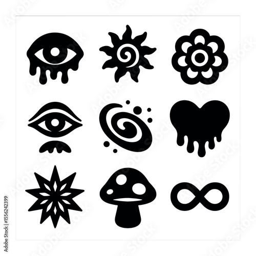 Psychedelic Icon Grid. Solid, filled icons set of psychedelic symbols: melting eye, spiral sun, fractal flower