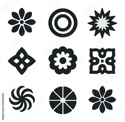 Kaleidoscope Icon Grid. Solid, filled icons set of kaleidoscope visions: mirror petal, radial ring, mandala