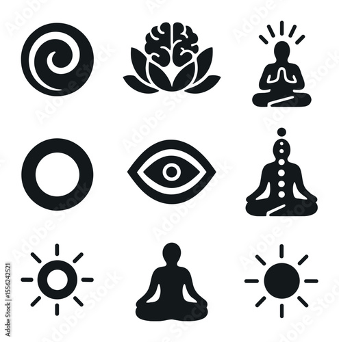 Psychedelic Meditation Icons. Solid, filled icons set of meditative psychedelic states: calm swirl, lotus