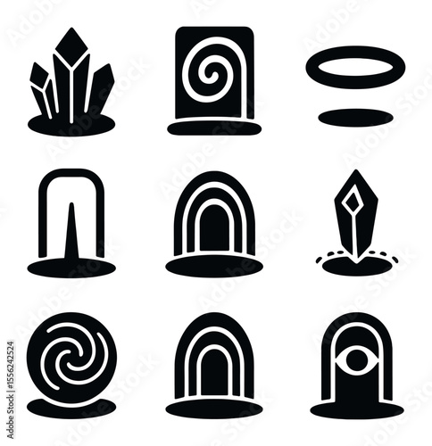 Mystic Portal Icons. Solid, filled icons set of mystic portal symbols: crystal gate, spiral door, floating