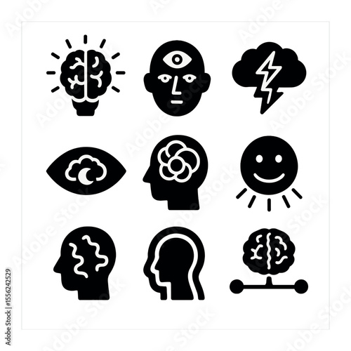 Mind Altering Icons. Solid, filled icons set of altered states of mind: brain glow, third-eye pop, pulse storm