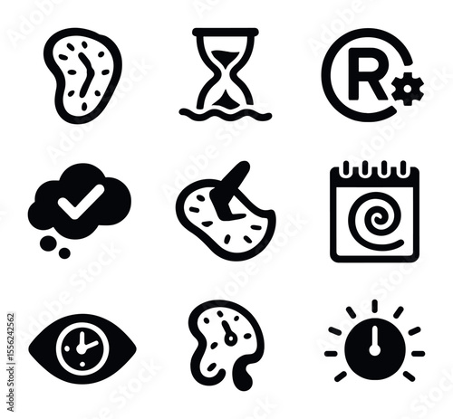Surreal Time Icons. Solid, filled icons set of surreal time: melting clock, floating hourglass, reverse gear,