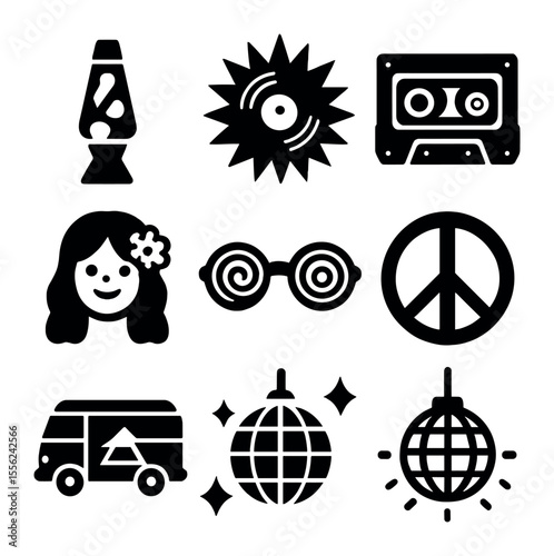 Retro Psychedelic Collection. Solid, filled icons set of retro psychedelic icons: lava lamp, vinyl burst,
