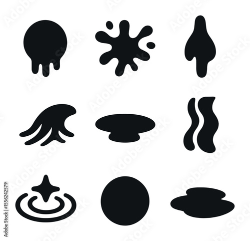Liquid Light Icons. Solid, filled icons set of liquid light motifs: dripping orb, neon splash, melting drop,