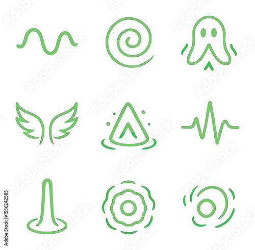 Neon Spirit Icons. Solid, filled icons set of neon spirit symbols: light wave, soul spiral, ghost aura, prism