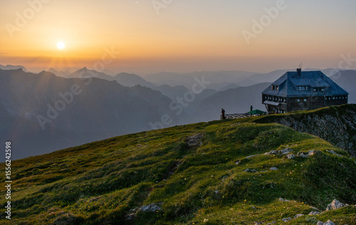 Sunset at Eisenerzer Reichenstein and hut in Styria, Austria