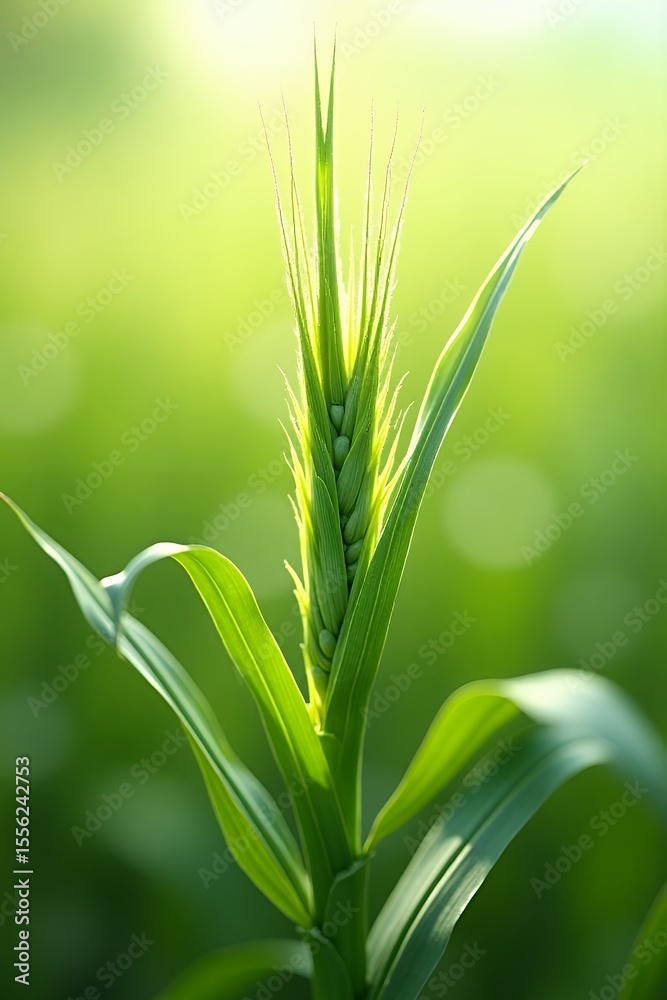 Obraz premium Vibrant Green Wheat Sprout in Sunlight Close up Nature Photography Rural Agricultural Scene