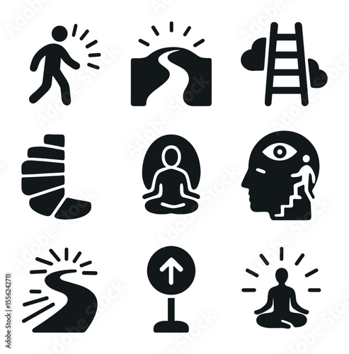 Inner Journey Icons. Solid, filled icons set of inner journey symbols: walking soul, path light, dream ladder,