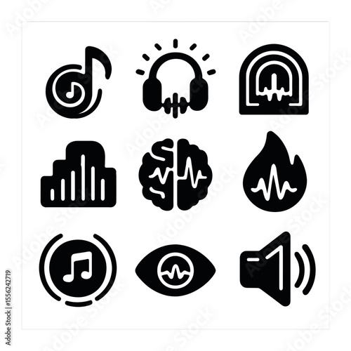 Ambient Sound Icons. Solid, filled icons set of ambient sound waves: music swirl, glow headphone, beat tunnel,